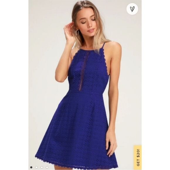 Lulus Let Your Heart Go Cobalt Blue Eyelet A-Line Mini Dress Size M - Picture 2 of 14